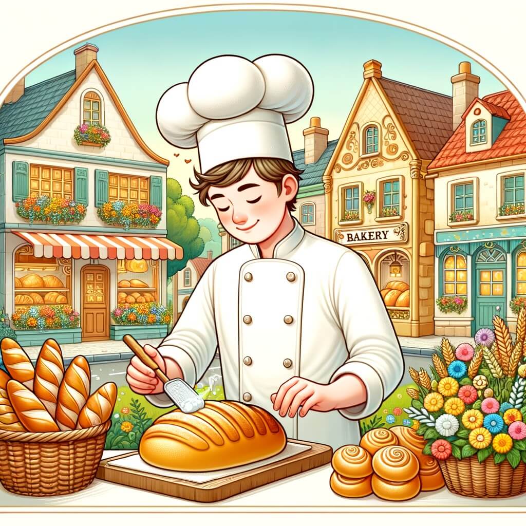 Une illustration pour enfants représentant un boulanger passionné qui ouvre sa propre boulangerie dans une petite ville pittoresque.