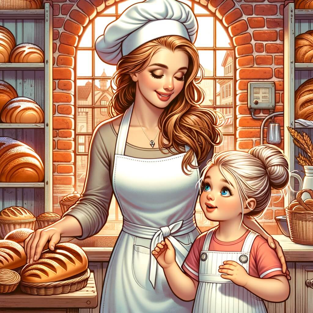 Une illustration pour enfants représentant une femme boulangère passionnée, préparant de délicieuses pâtisseries dans sa charmante boulangerie.