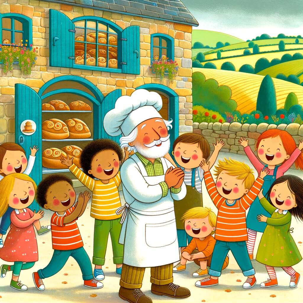 Une illustration destinée aux enfants représentant un boulanger passionné, entouré de joyeux enfants, dans un charmant village campagnard avec une boulangerie en pierre aux volets colorés et des champs verdoyants en arrière-plan.