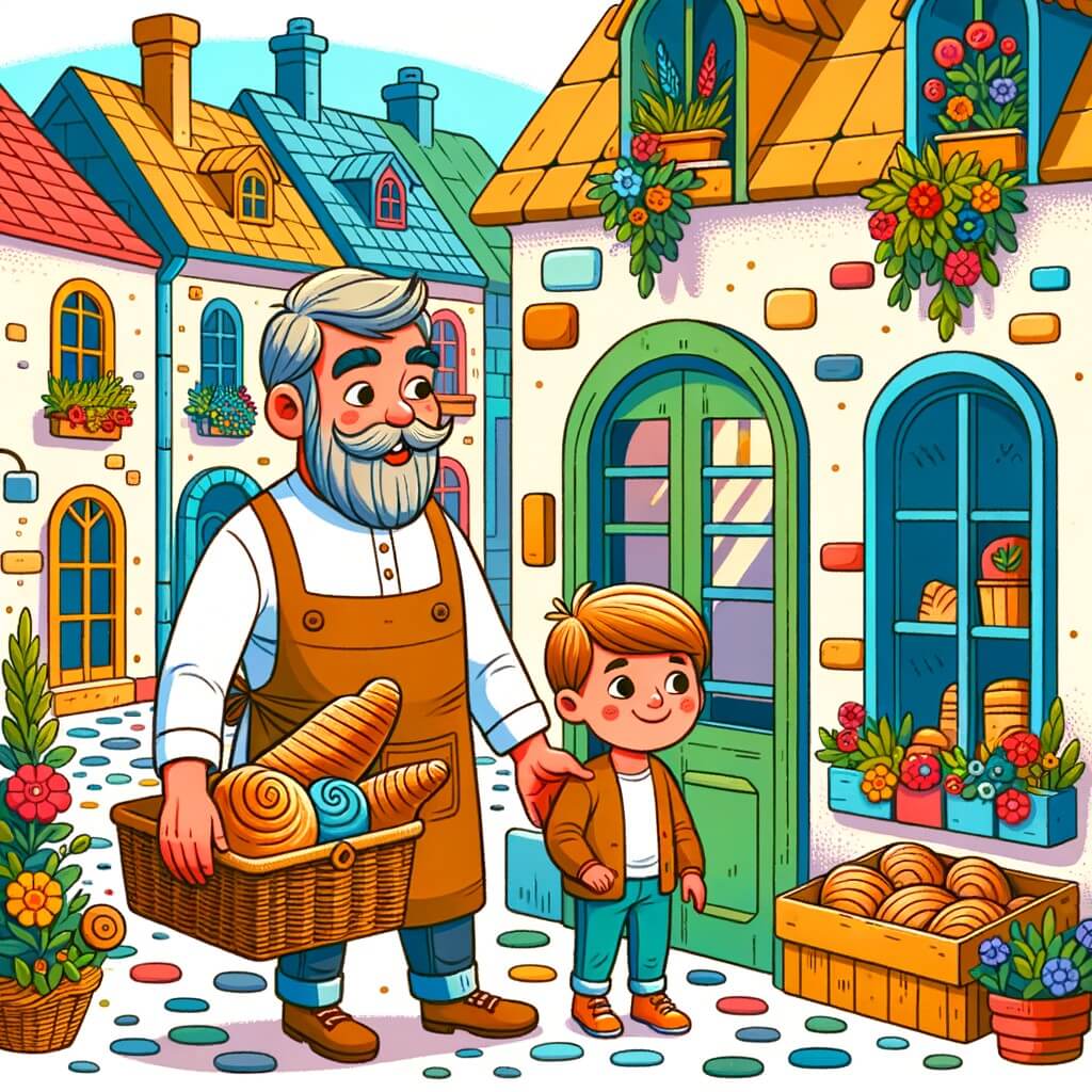 Une illustration destinée aux enfants représentant un boulanger chaleureux dans sa boulangerie traditionnelle, accompagné d'un jeune garçon curieux, au cœur d'un quartier coloré et animé avec des maisons en pierre, des fenêtres fleuries et des rues pavées.
