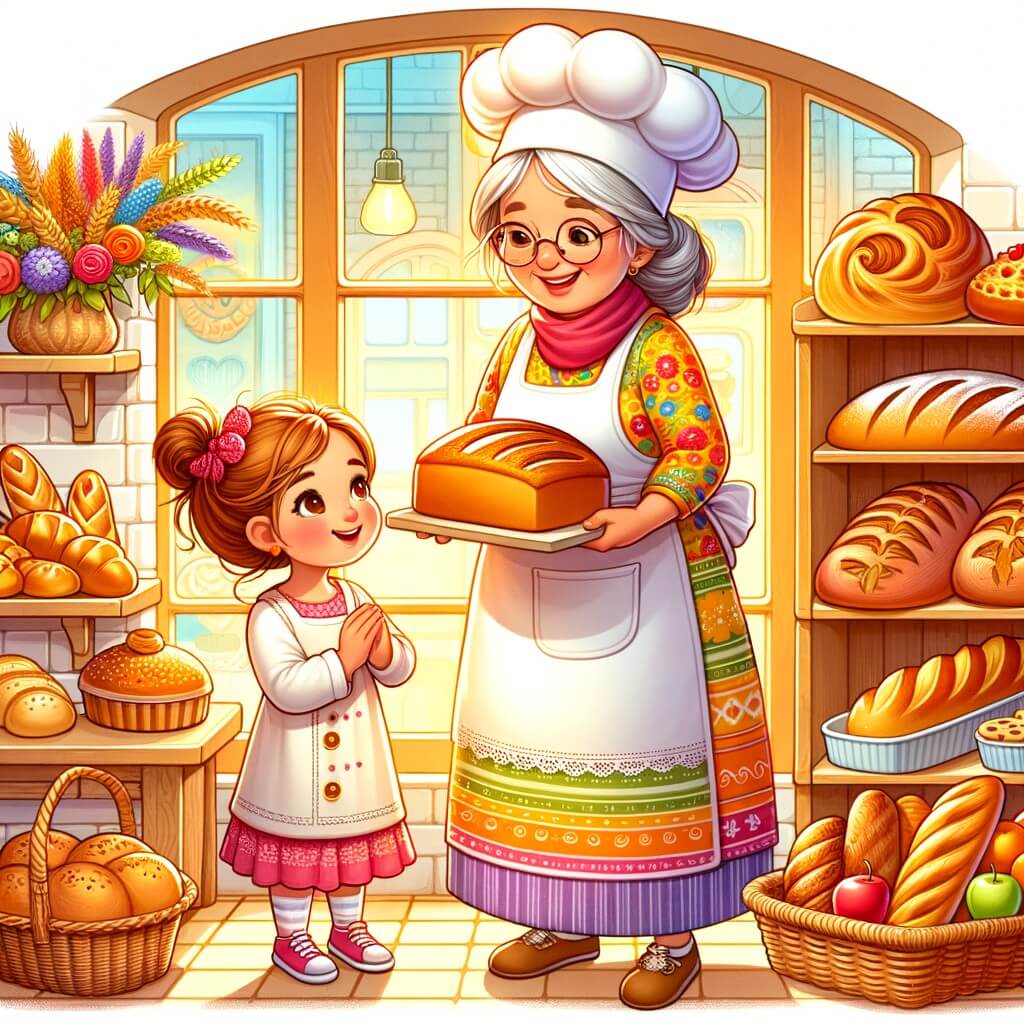 Une illustration pour enfants représentant une femme boulangère passionnée par son métier, vivant des aventures magiques dans sa boulangerie pleine de pains dorés et de pâtisseries colorées.