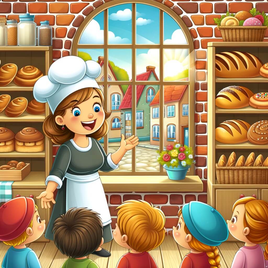 Une illustration destinée aux enfants représentant une femme boulangère passionnée, entourée d'enfants curieux, dans une charmante boulangerie aux murs en briques rouges, avec des étagères remplies de pains et de pâtisseries colorées, et une grande fenêtre laissant entrer la chaleureuse lumière du soleil sur un petit village paisible.