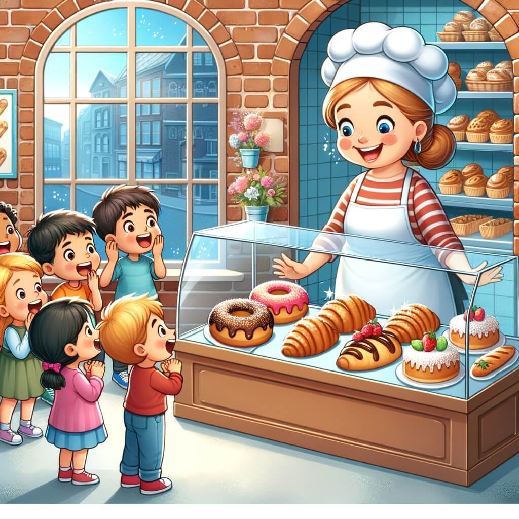 Une illustration destinée aux enfants représentant une boulangère souriante et dynamique dans sa jolie boulangerie aux murs en briques, entourée d'enfants émerveillés par les délicieuses pâtisseries exposées dans la grande vitrine.