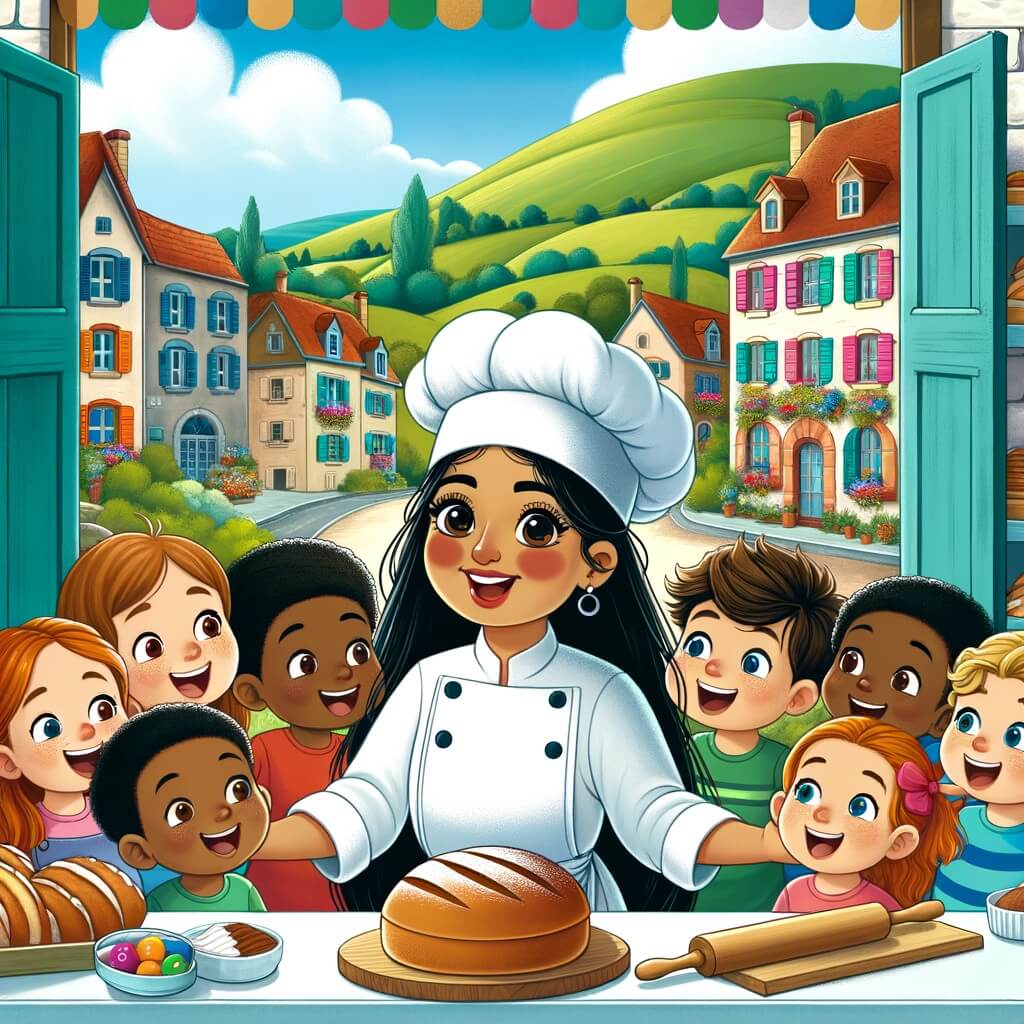 Une illustration pour enfants représentant une femme passionnée par la boulangerie qui ouvre sa propre boulangerie dans un petit village français et partage sa passion avec les enfants.