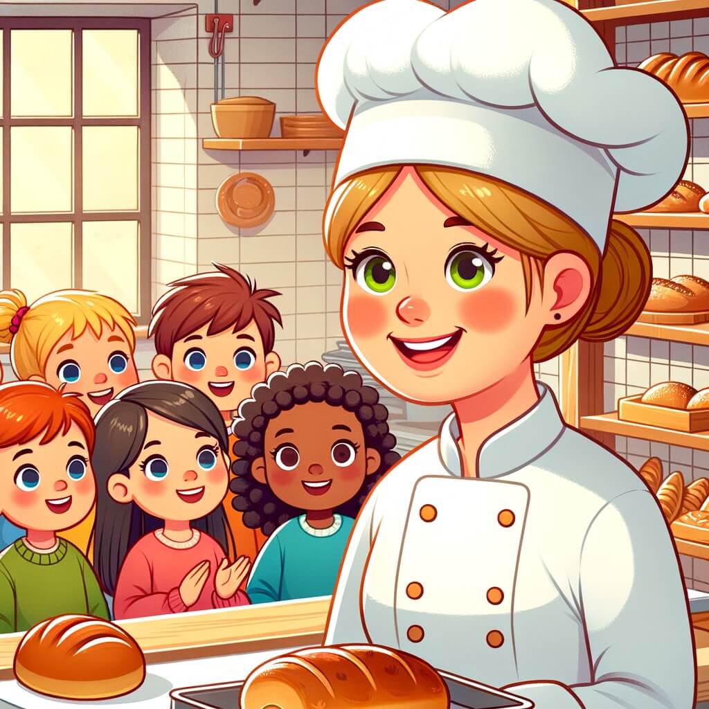 Une illustration destinée aux enfants représentant une boulangère souriante, entourée d'enfants curieux, dans une boulangerie chaleureuse et colorée, où elle prépare de délicieuses pâtisseries et du pain frais chaque jour.