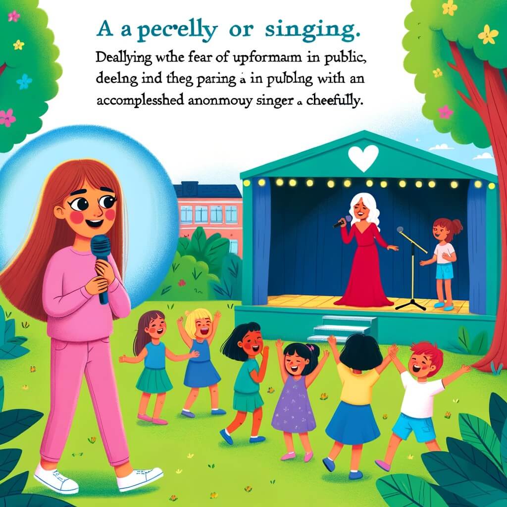 Une illustration destinée aux enfants représentant une jeune femme passionnée par le chant, confrontée à la peur de chanter en public, rencontrant une chanteuse célèbre et découvrant sa voie en tant que chanteuse, dans un parc verdoyant avec une scène colorée où les enfants dansent et chantent joyeusement.