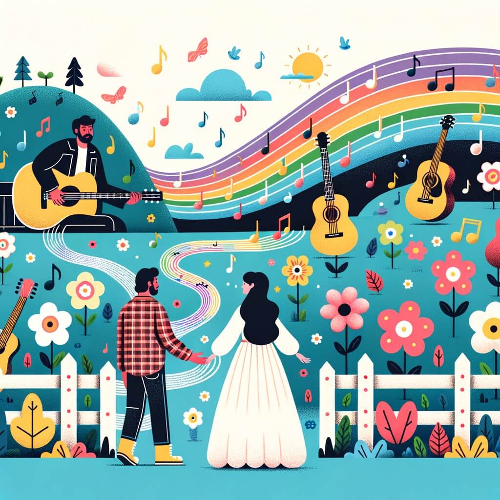 Une illustration destinée aux enfants représentant une jeune femme passionnée de musique, qui rencontre un producteur et se lance dans une tournée musicale à travers un paysage magique et coloré rempli de montagnes en forme de guitare et de fleurs qui dansent au rythme de sa musique.