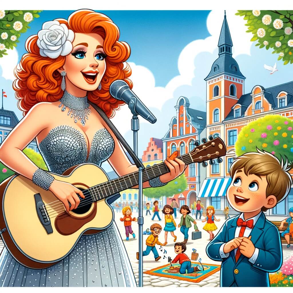 Une illustration destinée aux enfants représentant une chanteuse aux cheveux flamboyants, vêtue d'une robe scintillante, jouant de la guitare et chantant une mélodie joyeuse, accompagnée d'un adorable enfant qui l'écoute émerveillé, sur une place principale de la ville animée avec des arbres en fleurs, des enfants jouant et des bâtiments colorés.