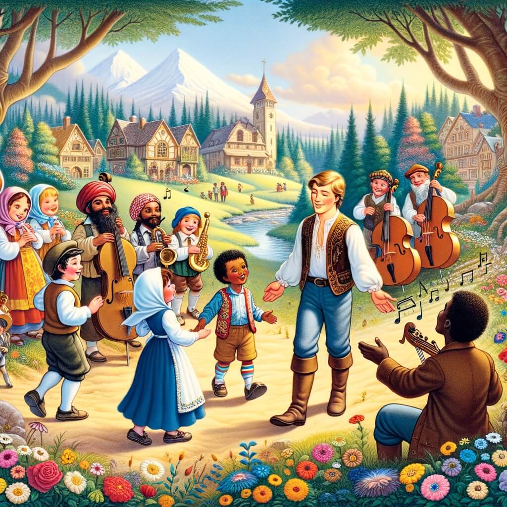 Une illustration pour enfants représentant un chanteur passionné, découvrant la musique avec un groupe d'enfants musiciens, dans la petite ville de Melodia.
