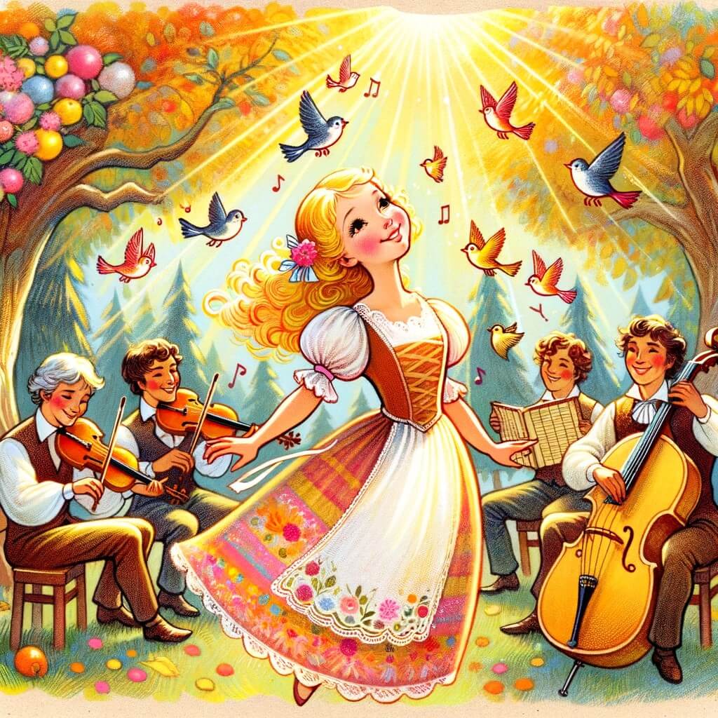 Une illustration destinée aux enfants représentant une jeune femme rêveuse et joyeuse, entourée d'un groupe de musiciens talentueux, dans un parc ensoleillé rempli d'arbres aux feuilles colorées et d'oiseaux chantants.