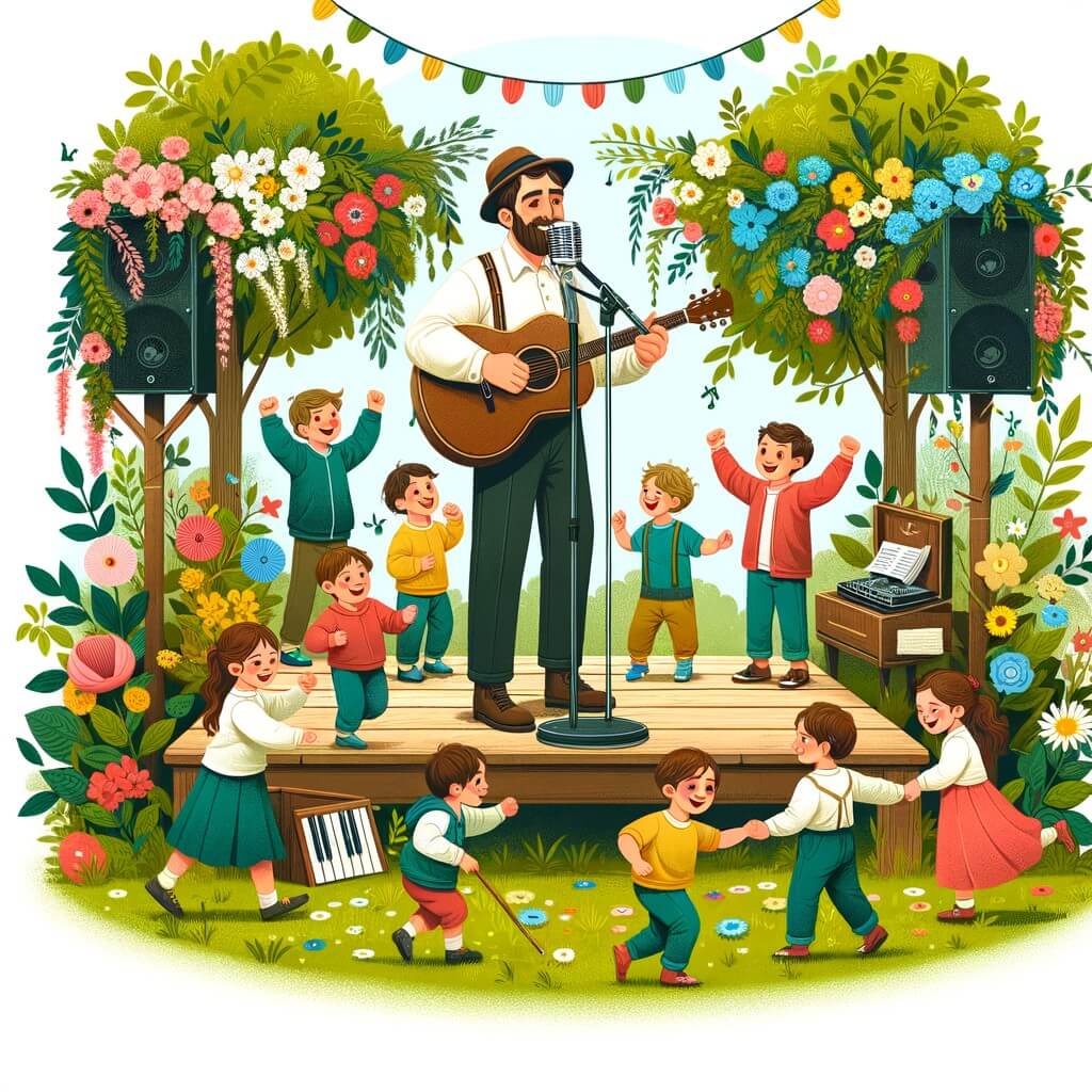 Une illustration pour enfants représentant un homme musicien jouant de la guitare dans un parc où il rencontre un petit garçon passionné de musique.