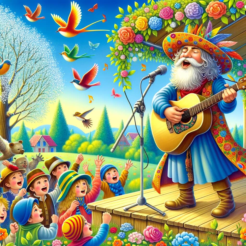 Une illustration pour enfants représentant un jeune homme passionné de musique qui chante et joue de la guitare pour égayer la fête d'anniversaire de son voisin, dans un jardin ensoleillé.