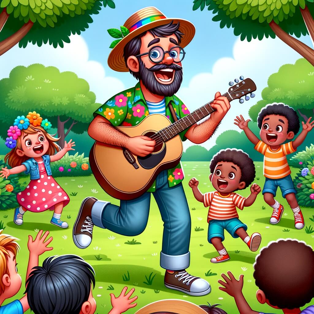 Une illustration destinée aux enfants représentant un homme joyeux, vêtu d'une chemise colorée et d'un chapeau, chantant et jouant de la guitare dans un parc verdoyant, entouré d'enfants qui dansent et chantent avec lui, tandis qu'un petit garçon enthousiaste monte sur scène pour jouer de la guitare à ses côtés.