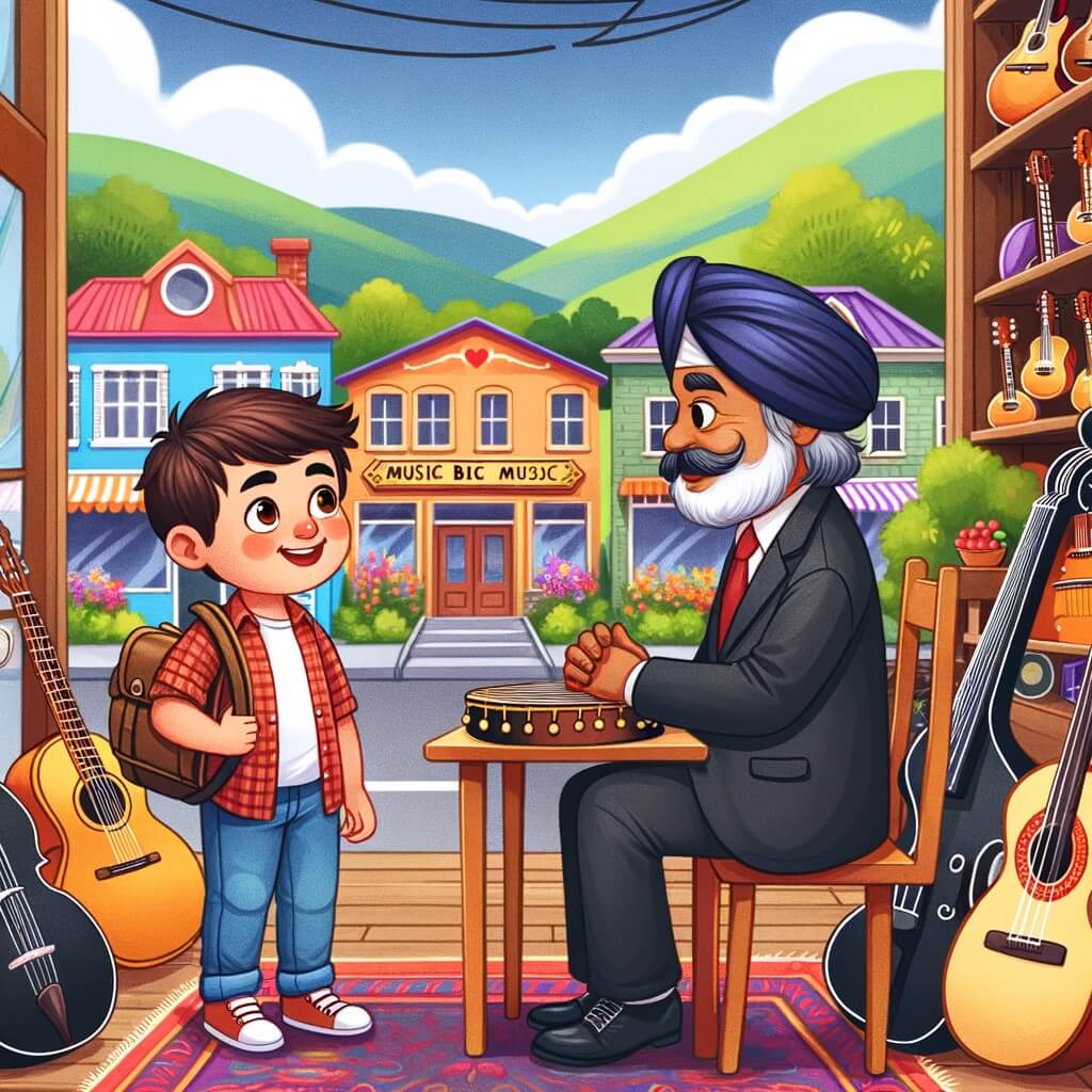Une illustration destinée aux enfants représentant un jeune homme passionné par la musique, qui rêve de devenir un chanteur célèbre, rencontrant un musicien renommé dans un magasin de musique coloré et rempli d'instruments étincelants, dans une petite ville pittoresque entourée de montagnes verdoyantes.