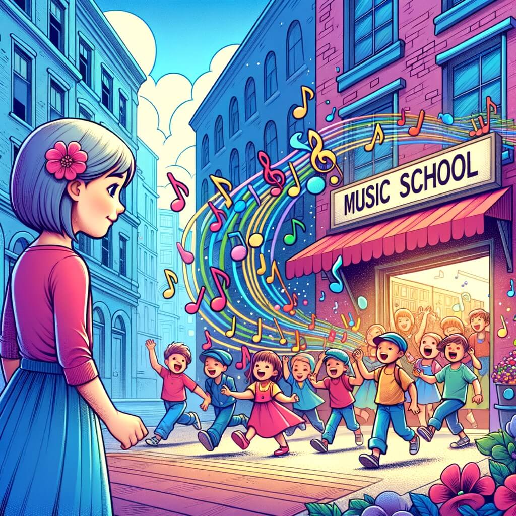 Une illustration pour enfants représentant une jeune femme passionnée de musique découvrant une école de musique et se liant d'amitié avec des enfants talentueux dans un lieu inspirant et joyeux.