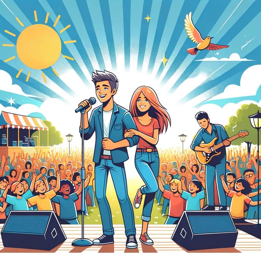 Une illustration destinée aux enfants représentant une jeune chanteuse passionnée, accompagnée d'un célèbre musicien, dans une scène ensoleillée d'un grand concert en plein air, entourée d'une foule joyeuse et colorée.