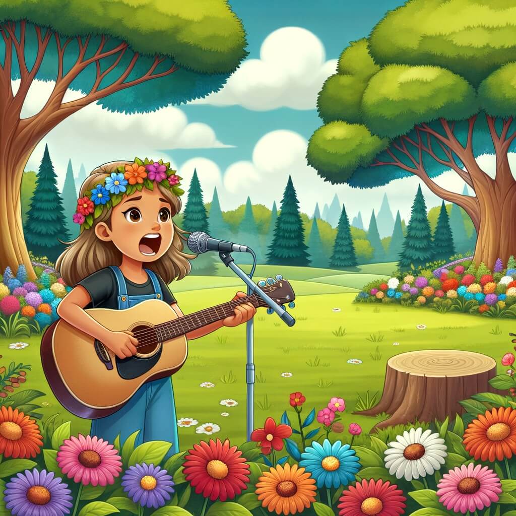 Une illustration destinée aux enfants représentant une jeune chanteuse passionnée et talentueuse, accompagnée d'une guitare, donnant un concert en plein air dans un magnifique parc rempli de fleurs colorées et d'arbres majestueux.
