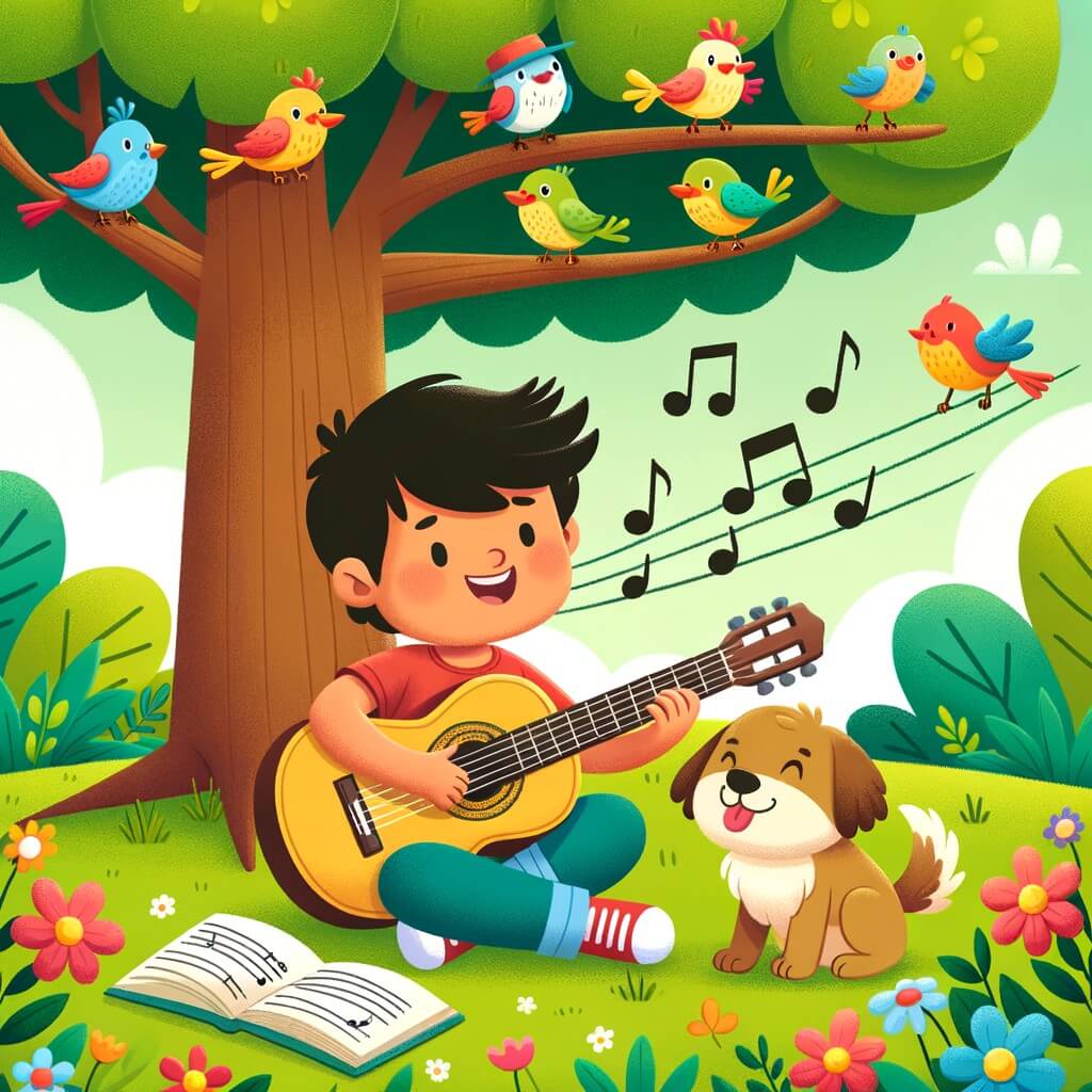 Une illustration destinée aux enfants représentant un jeune homme passionné par la musique, accompagné de son fidèle chien, jouant de la guitare sous un grand arbre dans un parc verdoyant, entouré d'oiseaux chantant et de fleurs colorées.