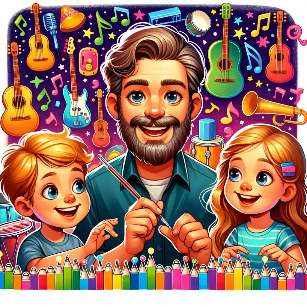 Une illustration destinée aux enfants représentant un homme joyeux et talentueux, entouré de deux enfants curieux et enthousiastes, dans un studio de musique coloré rempli d'instruments de toutes sortes, où ils découvrent la magie de la musique ensemble.