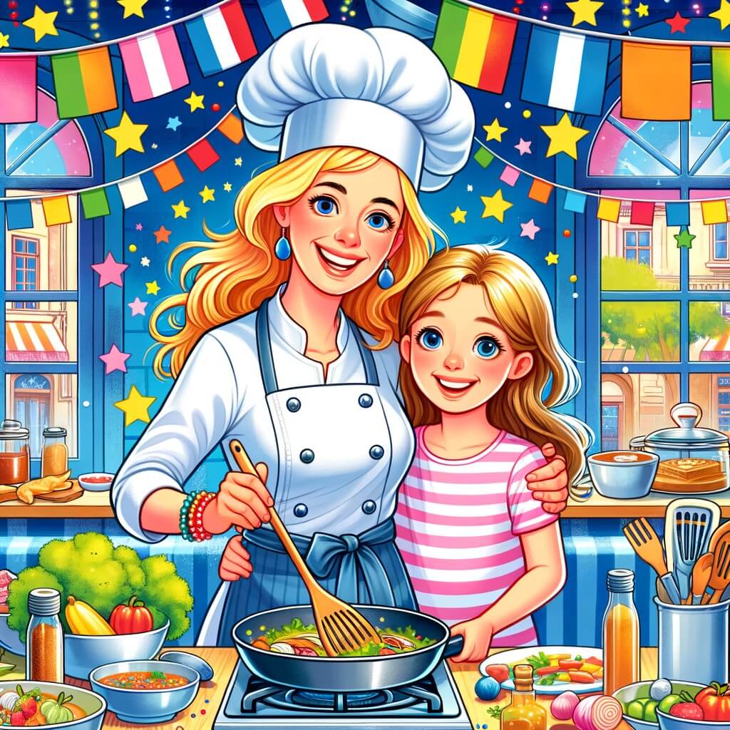 Une illustration destinée aux enfants représentant une chef cuisinière passionnée, accompagnée de son adorable fille, dans une cuisine colorée et animée d'un restaurant étoilé, où elles préparent ensemble de délicieux plats.