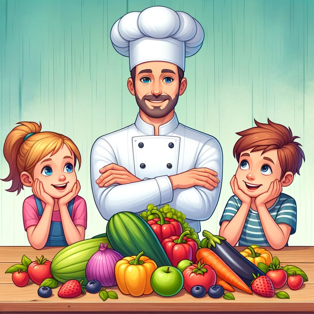 Une illustration destinée aux enfants représentant un chef cuisinier passionné, entouré de deux enfants curieux, dans une cuisine colorée avec des légumes et des fruits frais disposés sur une grande table en bois.