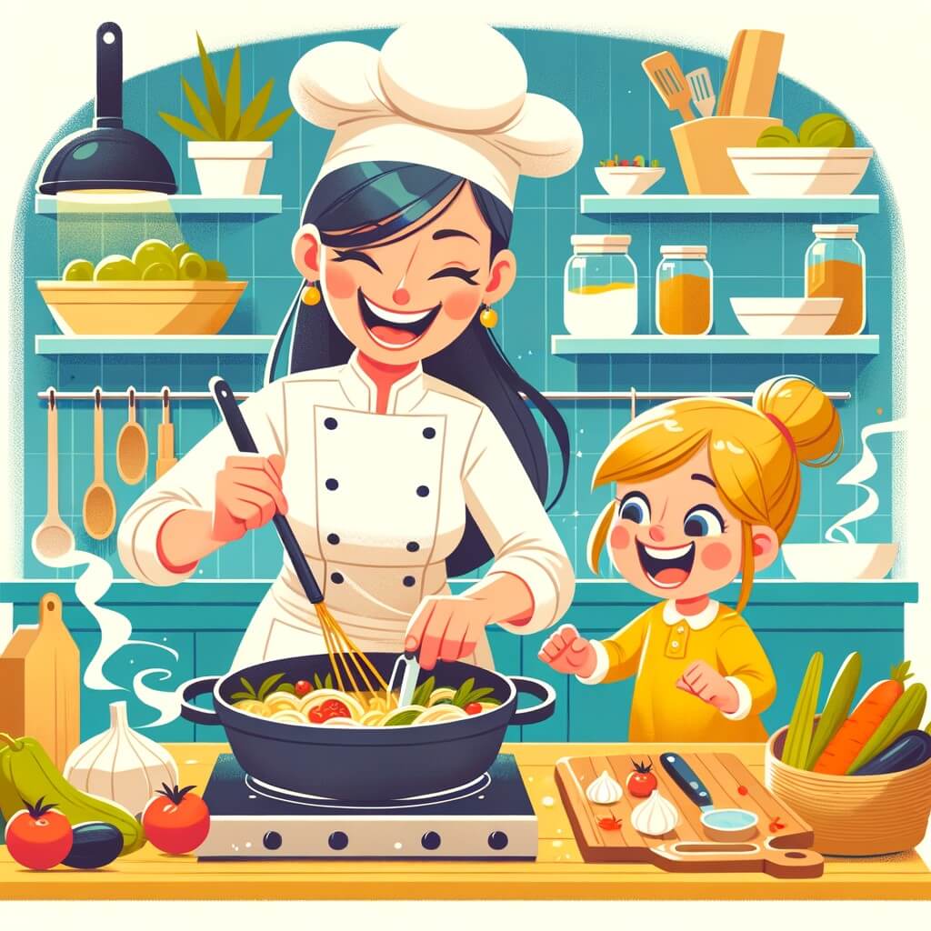 Une illustration destinée aux enfants représentant une femme chef cuisinière passionnée qui prépare un grand repas dans une cuisine professionnelle animée, avec l'aide précieuse de sa nièce curieuse et enthousiaste.
