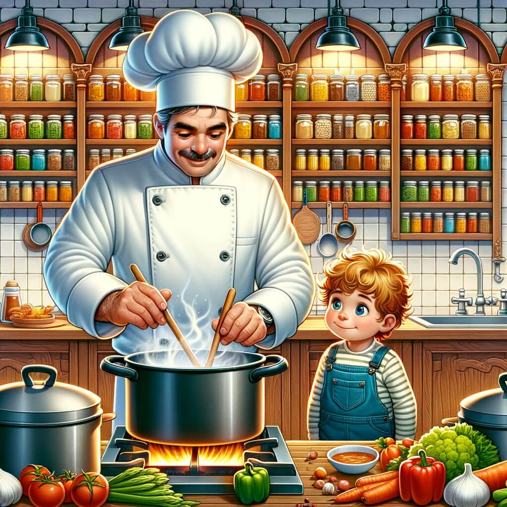 Une illustration pour enfants représentant un homme souriant et passionné de cuisine qui partage son savoir-faire avec son petit-fils dans la chaleur de sa cuisine de restaurant.