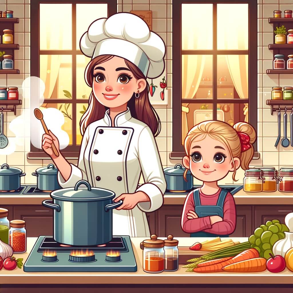 Une illustration destinée aux enfants représentant une femme passionnée de cuisine qui découvre le métier de chef cuisinier, accompagnée d'une jeune fille curieuse, dans une cuisine professionnelle animée par des casseroles bouillonnantes, des ingrédients colorés et une ambiance chaleureuse, avec des étagères remplies de pots d'épices et des fenêtres laissant entrer la lumière du soleil.