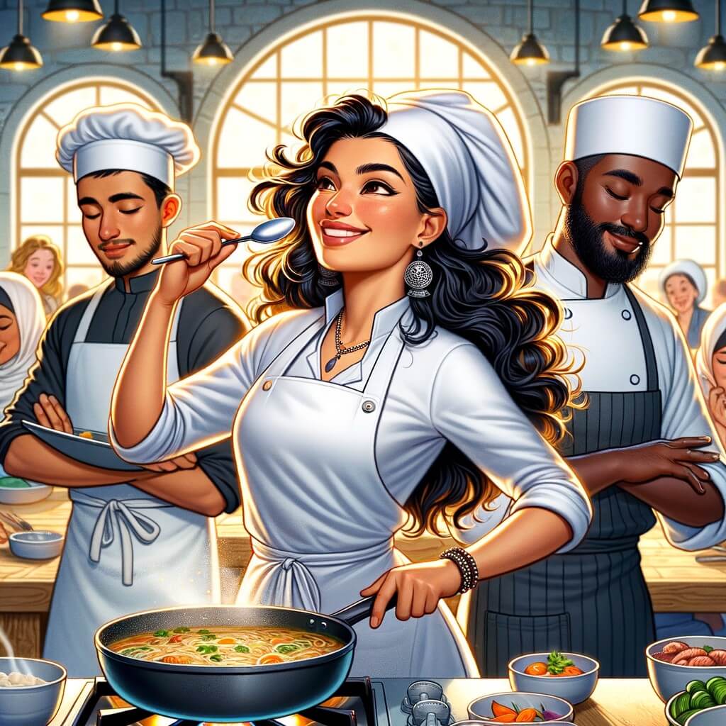 Une illustration pour enfants représentant une femme passionnée de cuisine, réalisant son rêve de devenir chef cuisinier dans un charmant restaurant.