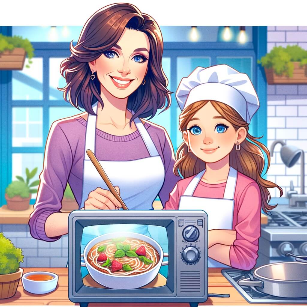 Une illustration pour enfants représentant une jeune femme passionnée de cuisine qui relève le défi de participer à une émission de télévision de cuisine dans un petit restaurant local.