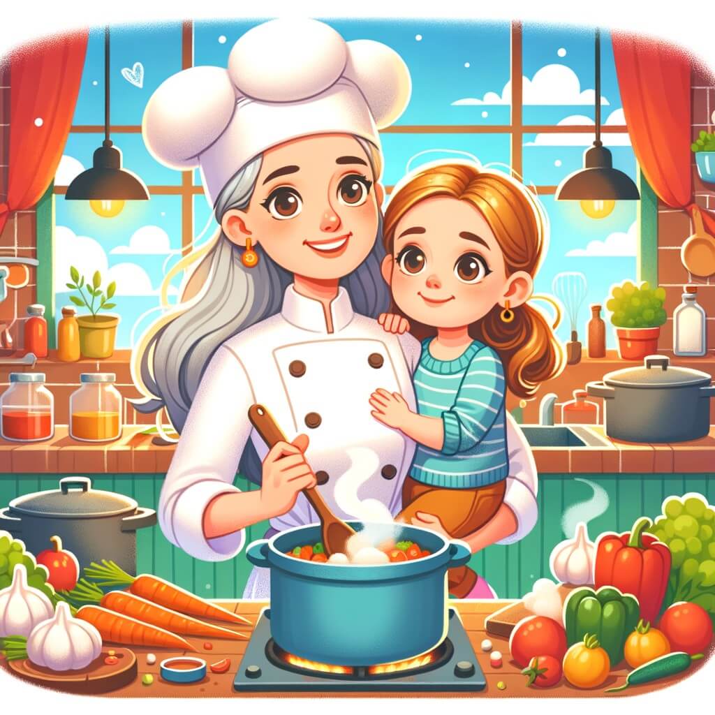 Une illustration pour enfants représentant une femme chef cuisinier talentueuse qui enseigne les bases de la cuisine à une petite fille curieuse dans son restaurant.