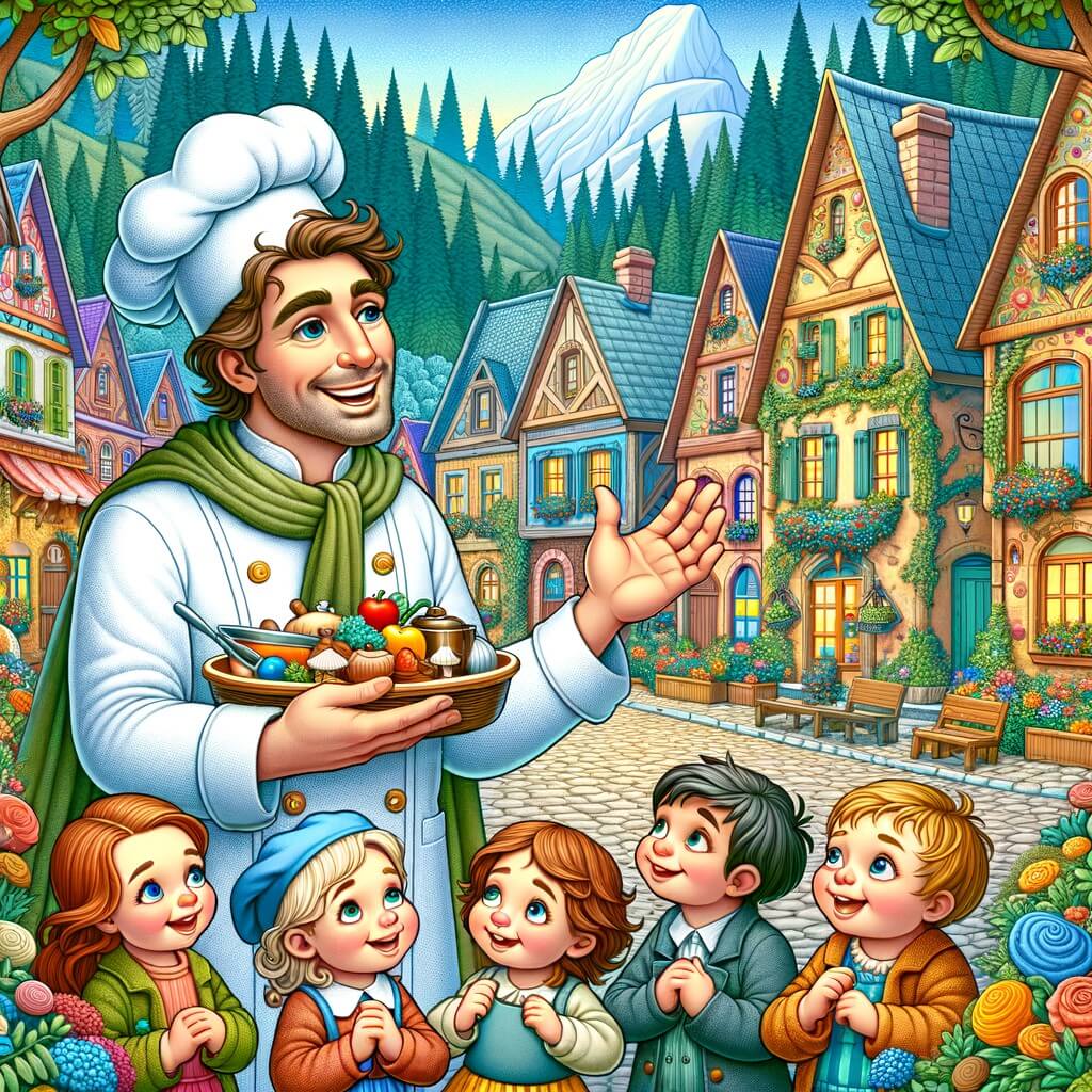 Une illustration destinée aux enfants représentant un homme passionné de cuisine, accompagné d'un groupe d'enfants curieux, dans un petit village pittoresque rempli de maisons colorées et entouré d'une forêt enchantée.