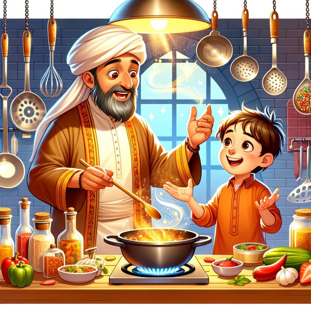 Une illustration pour enfants représentant un chef cuisinier passionné, sur le point de réaliser ses rêves, dans le cadre enchanteur d'une cuisine créative.