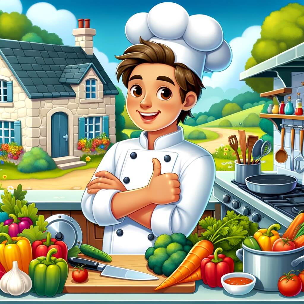 Une illustration destinée aux enfants représentant un jeune chef cuisinier passionné, entouré de légumes colorés et d'ustensiles de cuisine, dans une cuisine lumineuse et chaleureuse d'une petite maison en pierre au milieu d'un paisible village verdoyant.