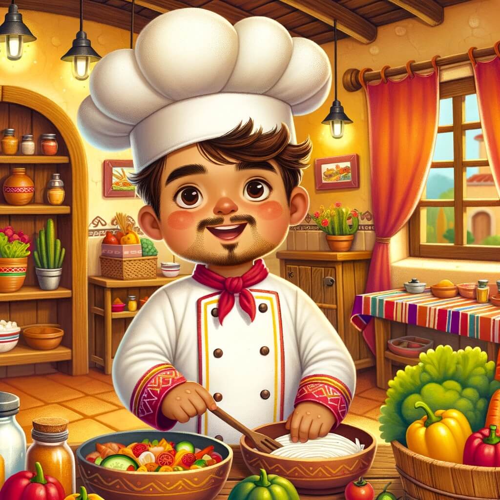 Une illustration pour enfants représentant un chef cuisinier passionné préparant de délicieux plats dans son restaurant chaleureux.