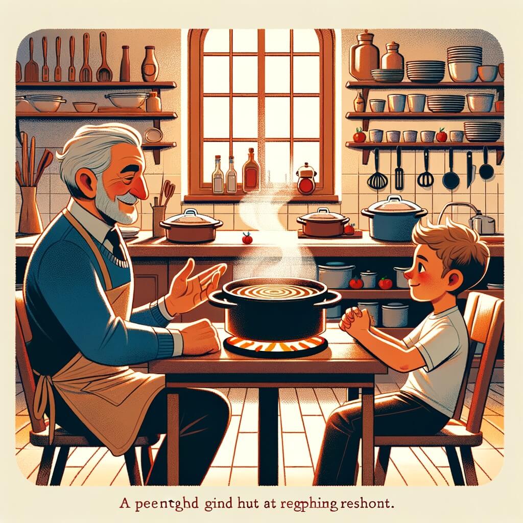 Une illustration pour enfants représentant un homme passionné par la cuisine, qui poursuit son rêve de devenir chef cuisinier renommé, dans un restaurant prestigieux.