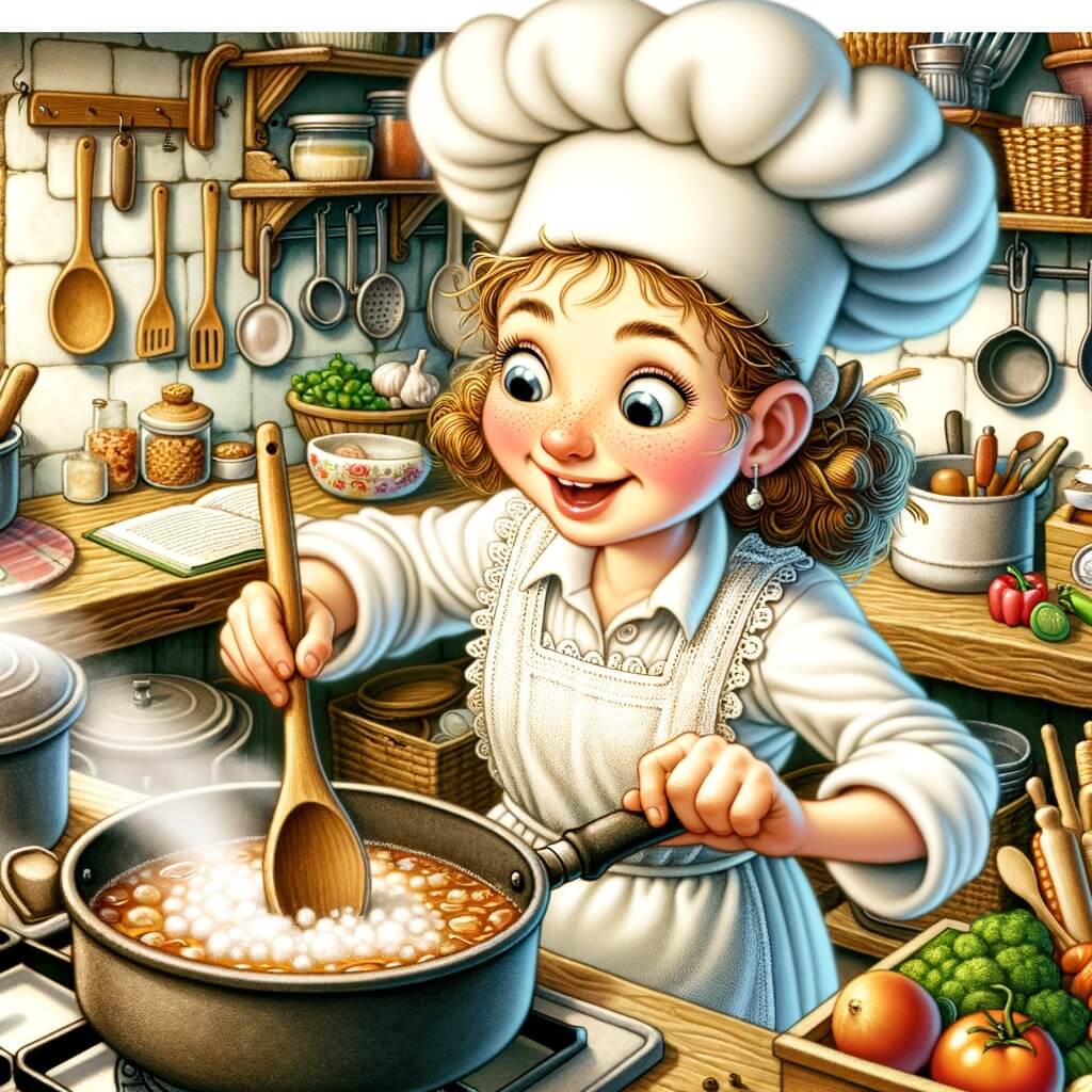 Une illustration pour enfants représentant une femme chef cuisinier pleine d'énergie et d'imagination dans sa petite cuisine.