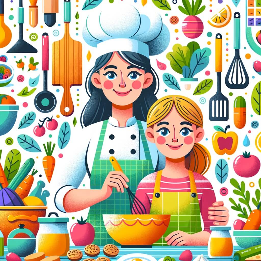 Une illustration destinée aux enfants représentant une talentueuse chef cuisinière, passionnée par la cuisine, accompagnée de sa maman, dans une cuisine colorée et chaleureuse remplie d'ustensiles, d'ingrédients et de délicieux plats.