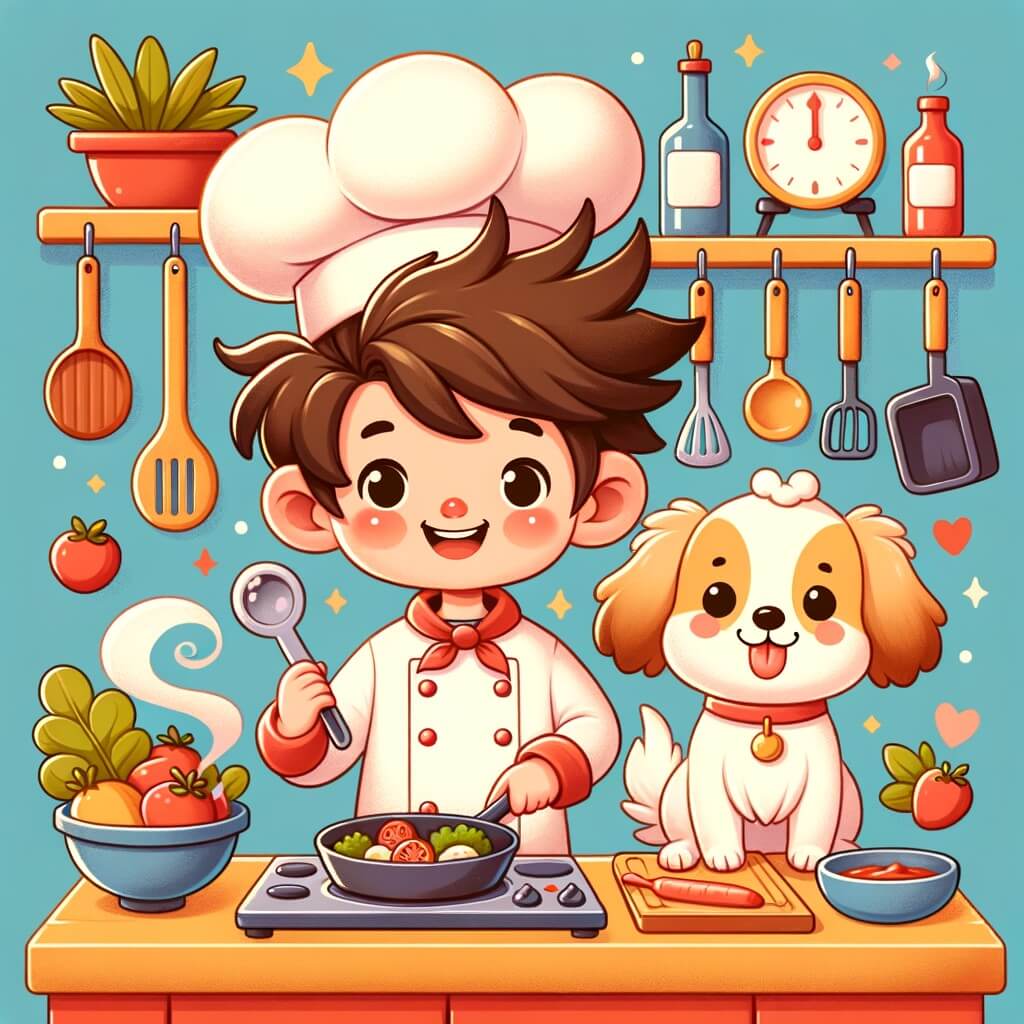 Une illustration destinée aux enfants représentant un jeune chef cuisinier passionné, accompagné d'un adorable chien, dans une cuisine colorée et chaleureuse remplie d'ustensiles étincelants et d'arômes délicieux, où ils préparent de délicieux plats.