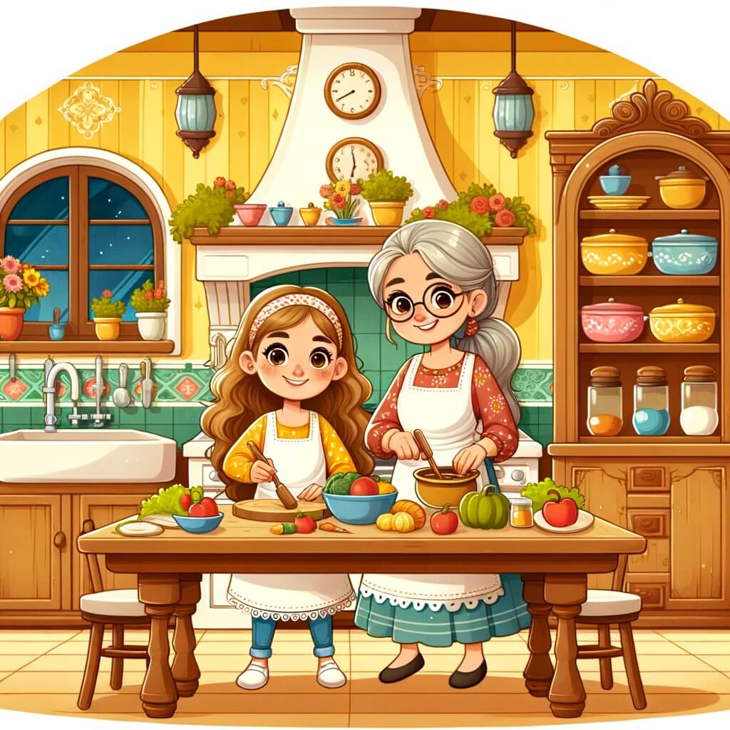 Une illustration pour enfants représentant une femme passionnée par la cuisine, qui réalise son rêve de devenir chef cuisinier renommée, dans un restaurant chaleureux et animé.