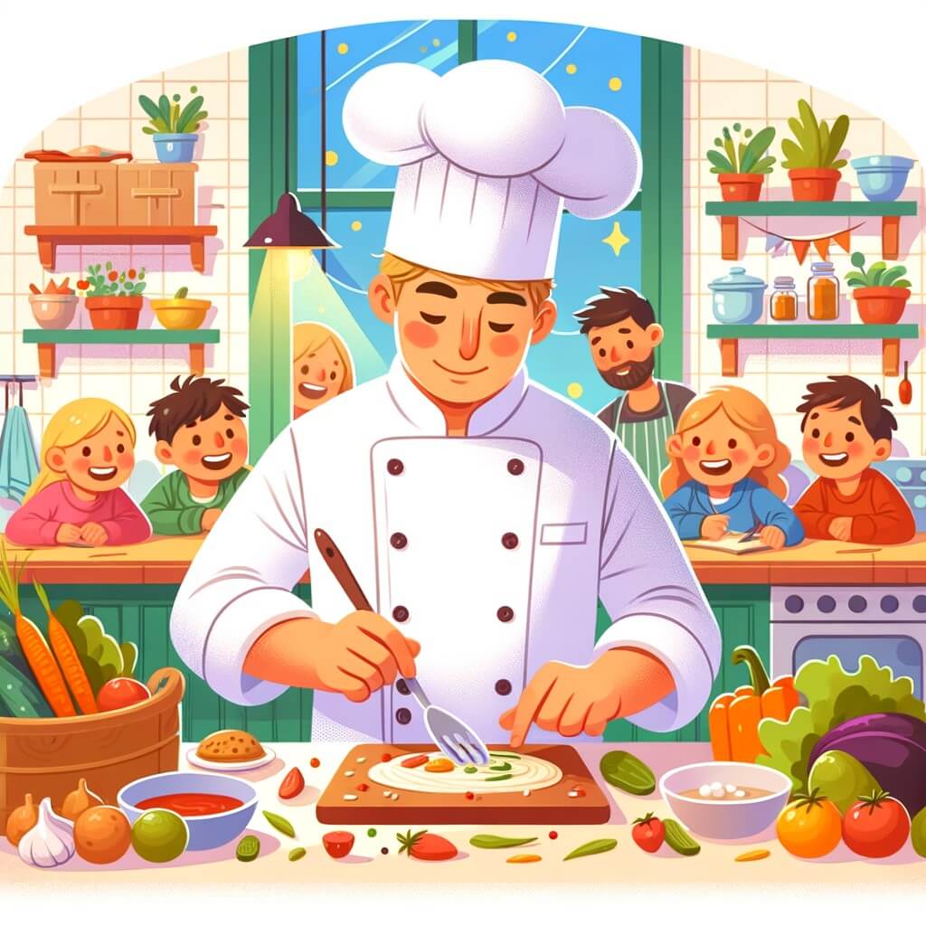 Une illustration pour enfants représentant un jeune chef cuisinier passionné, vivant dans une petite ville animée, qui réalise son rêve de devenir un grand chef dans un restaurant renommé.