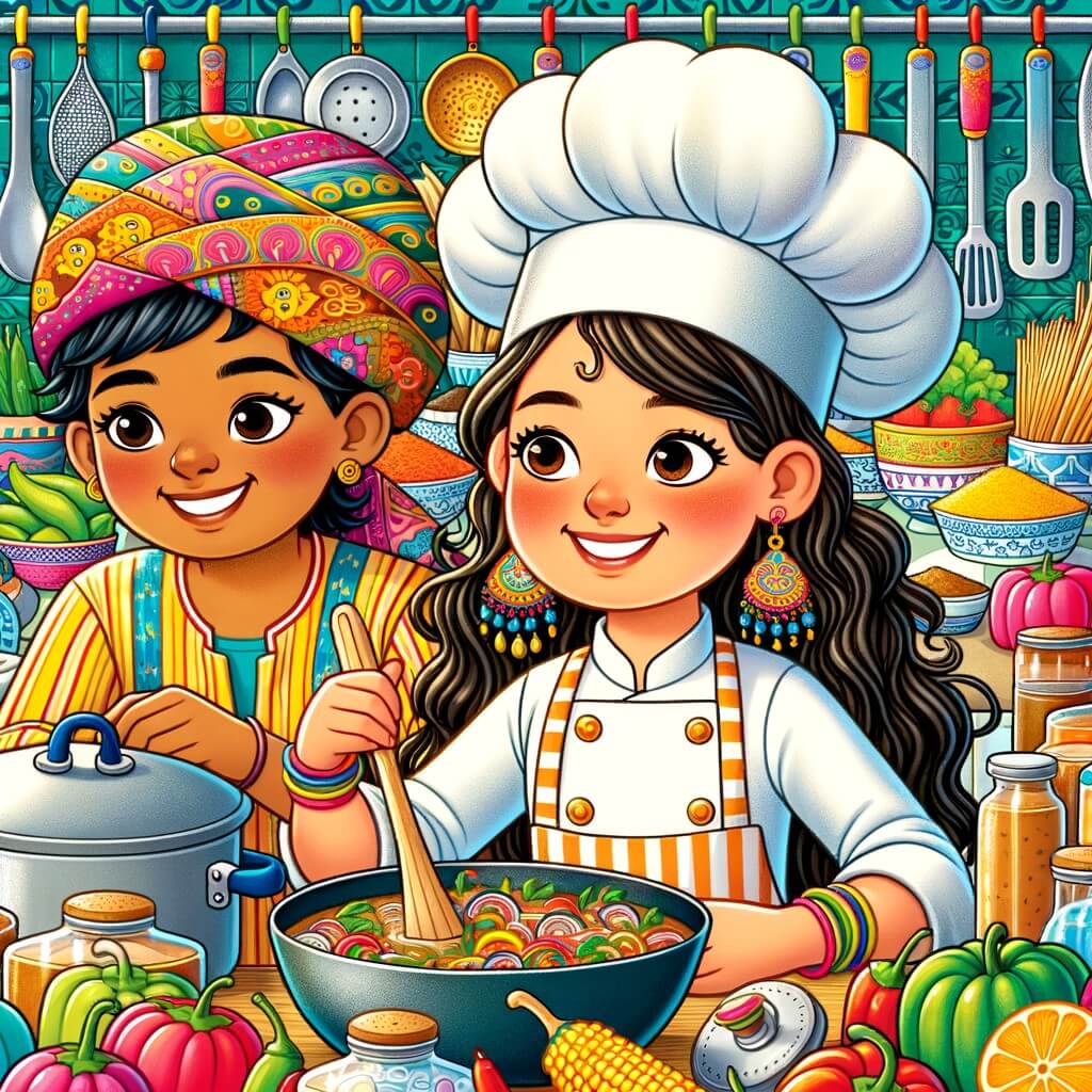 Une illustration destinée aux enfants représentant une jeune femme passionnée de cuisine, accompagnée de son mentor, dans une cuisine colorée et animée remplie d'ustensiles brillants et d'ingrédients colorés, où elle poursuit son rêve de devenir une chef cuisinière renommée.