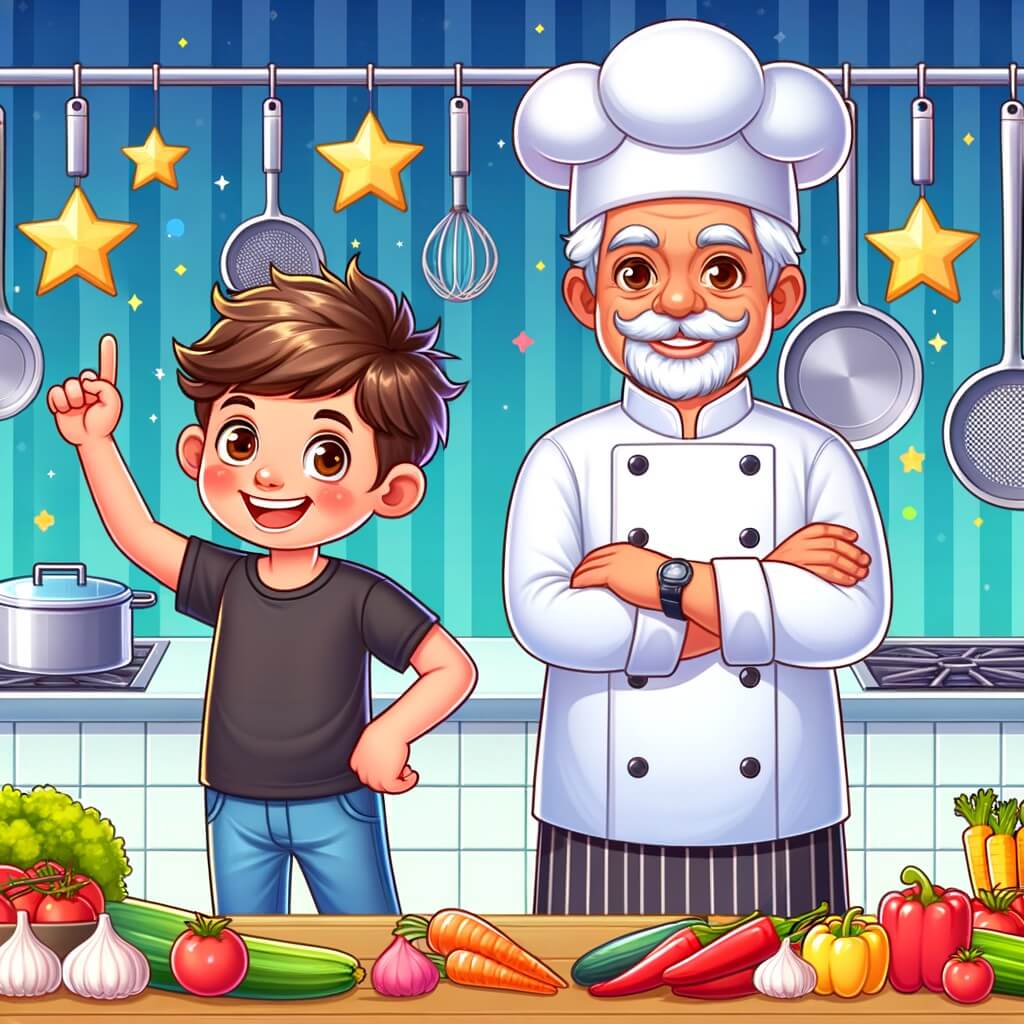 Une illustration destinée aux enfants représentant un jeune homme passionné de cuisine, accompagné d'un célèbre chef cuisinier, dans une cuisine colorée et animée d'un restaurant étoilé, remplie d'ustensiles brillants et d'ingrédients frais.