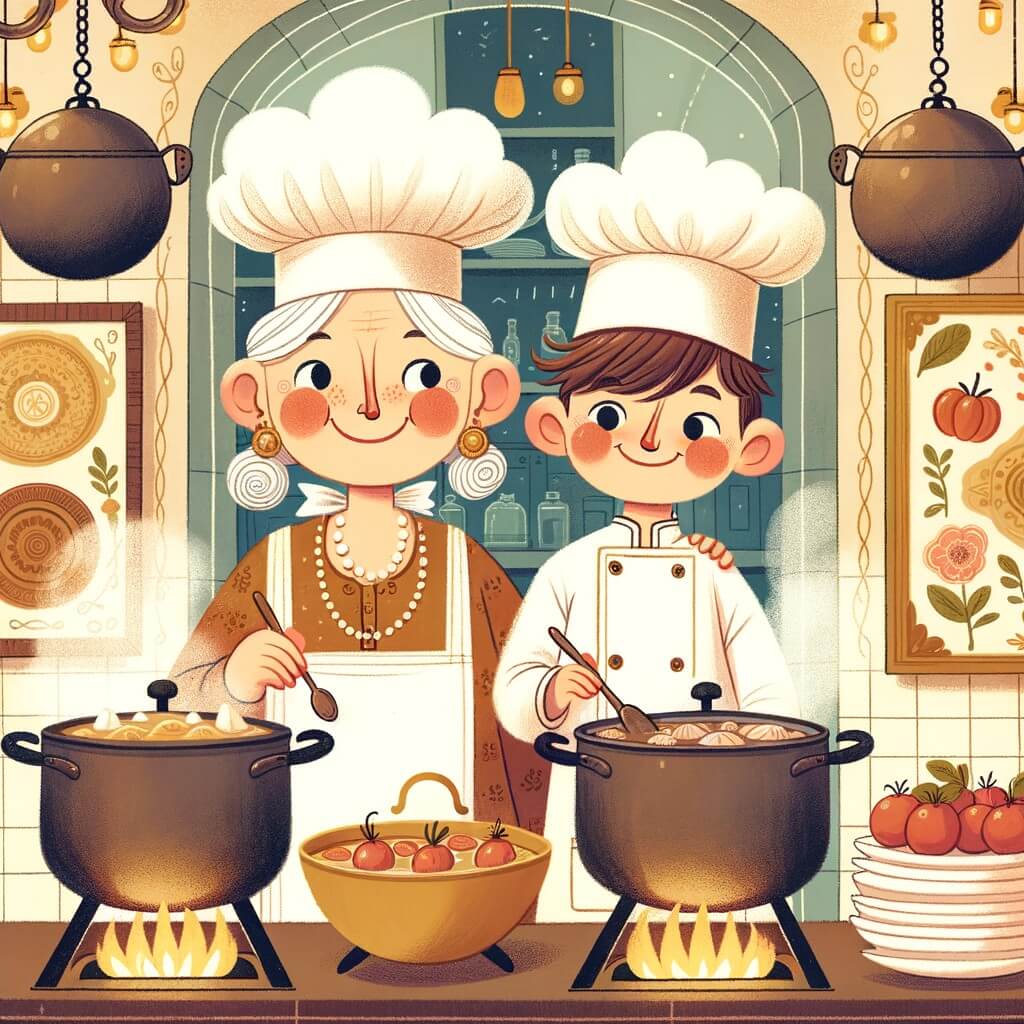 Une illustration destinée aux enfants représentant une femme passionnée de cuisine, accompagnée d'un chef cuisinier renommé, dans les cuisines d'un restaurant élégant et chaleureux, où les casseroles bouillent et les assiettes sont joliment dressées.