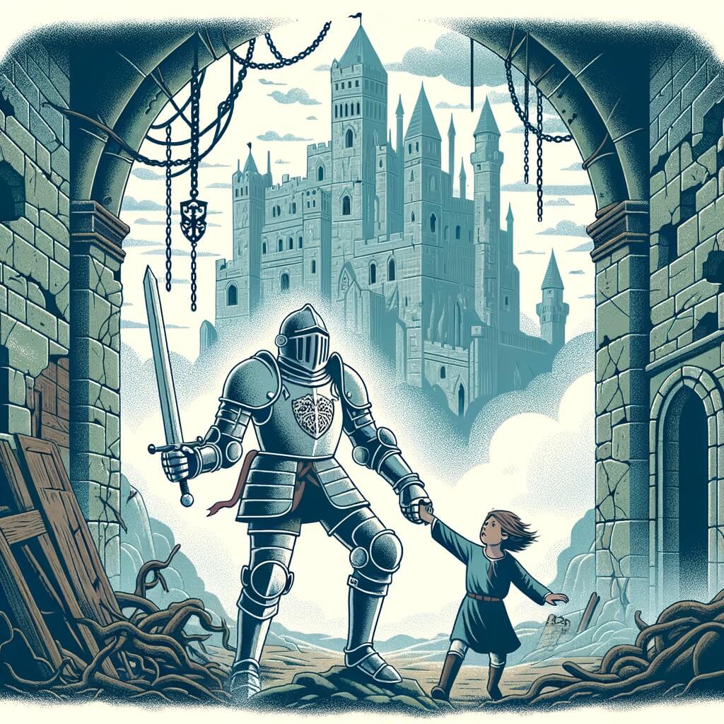 Une illustration destinée aux enfants représentant un courageux chevalier en armure, dans un vieux château en ruines, libérant une jeune fille captive, entouré d'une aura de mystère et d'aventure.