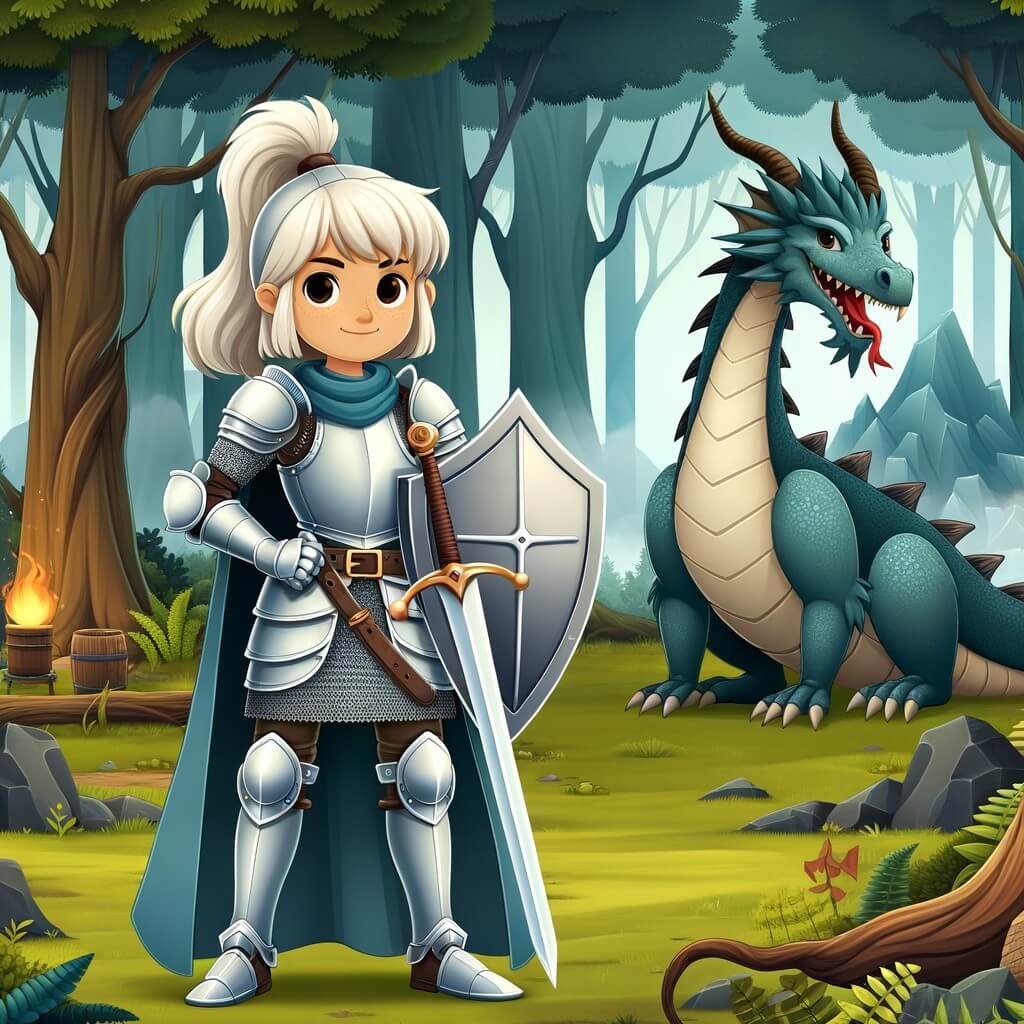 Une illustration destinée aux enfants représentant une chevalière intrépide se tenant fièrement devant un dragon majestueux, dans une clairière enchantée d'une forêt dense et mystérieuse.