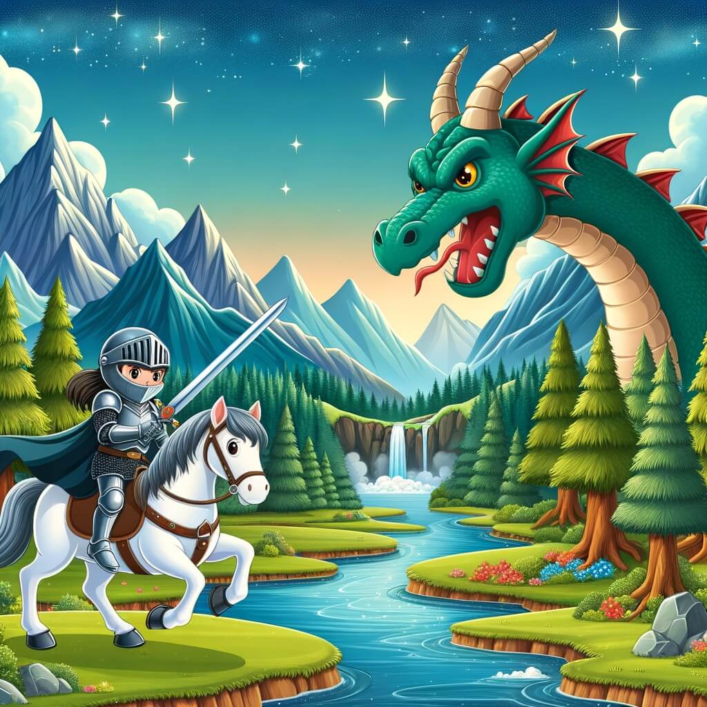 Une illustration pour enfants représentant une chevalière courageuse qui part en quête d'un trésor mystérieux dans un royaume lointain.