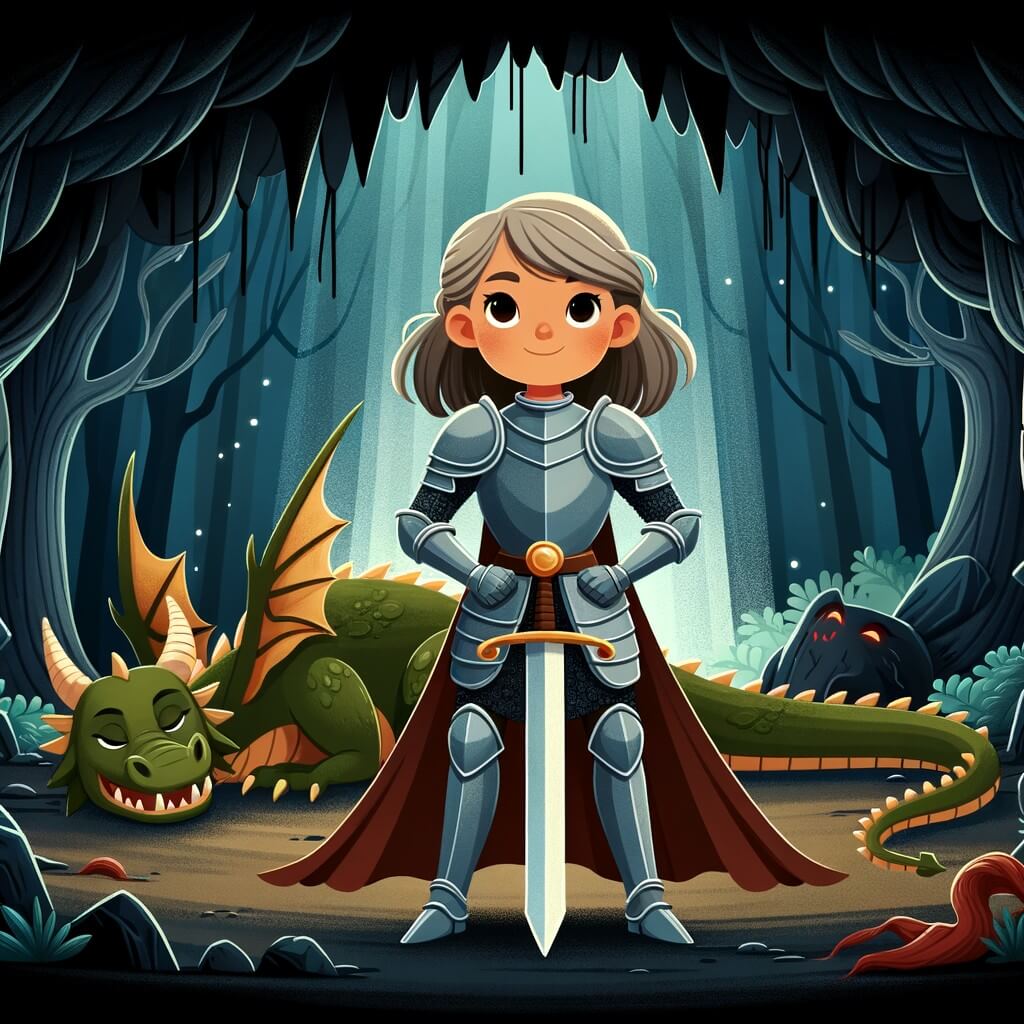 Une illustration destinée aux enfants représentant une chevalière courageuse, se tenant fièrement devant un dragon blessé, dans une caverne sombre et mystérieuse de la forêt enchantée.