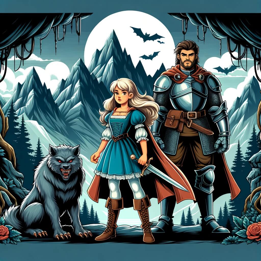Une illustration destinée aux enfants représentant une jeune chevalière intrépide, se tenant fièrement devant une sombre grotte, accompagnée d'un homme-loup maudit, dans un royaume enchanté où les montagnes escarpées et les forêts mystérieuses se dressent majestueusement.