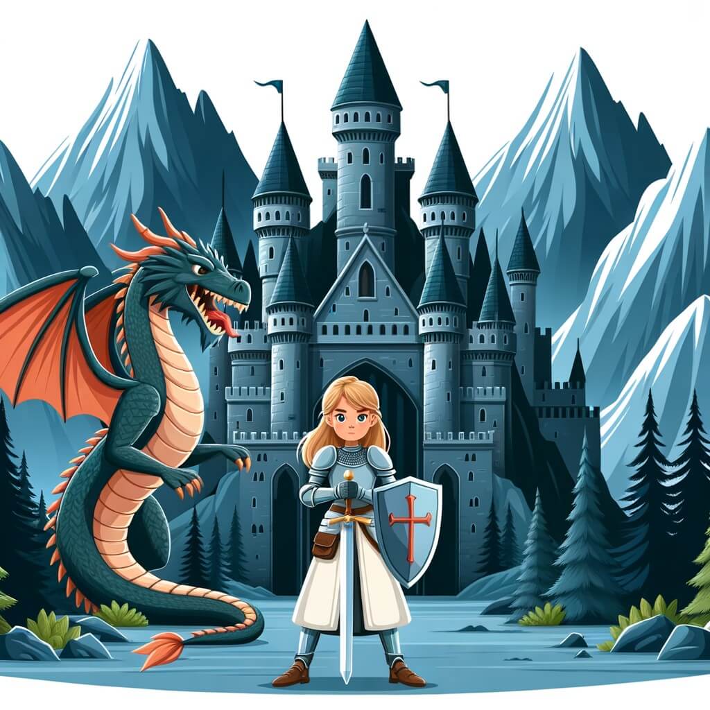 Une illustration destinée aux enfants représentant une chevalière intrépide se tenant fièrement devant un dragon féroce, dans un château majestueux entouré de montagnes escarpées et de forêts sombres.